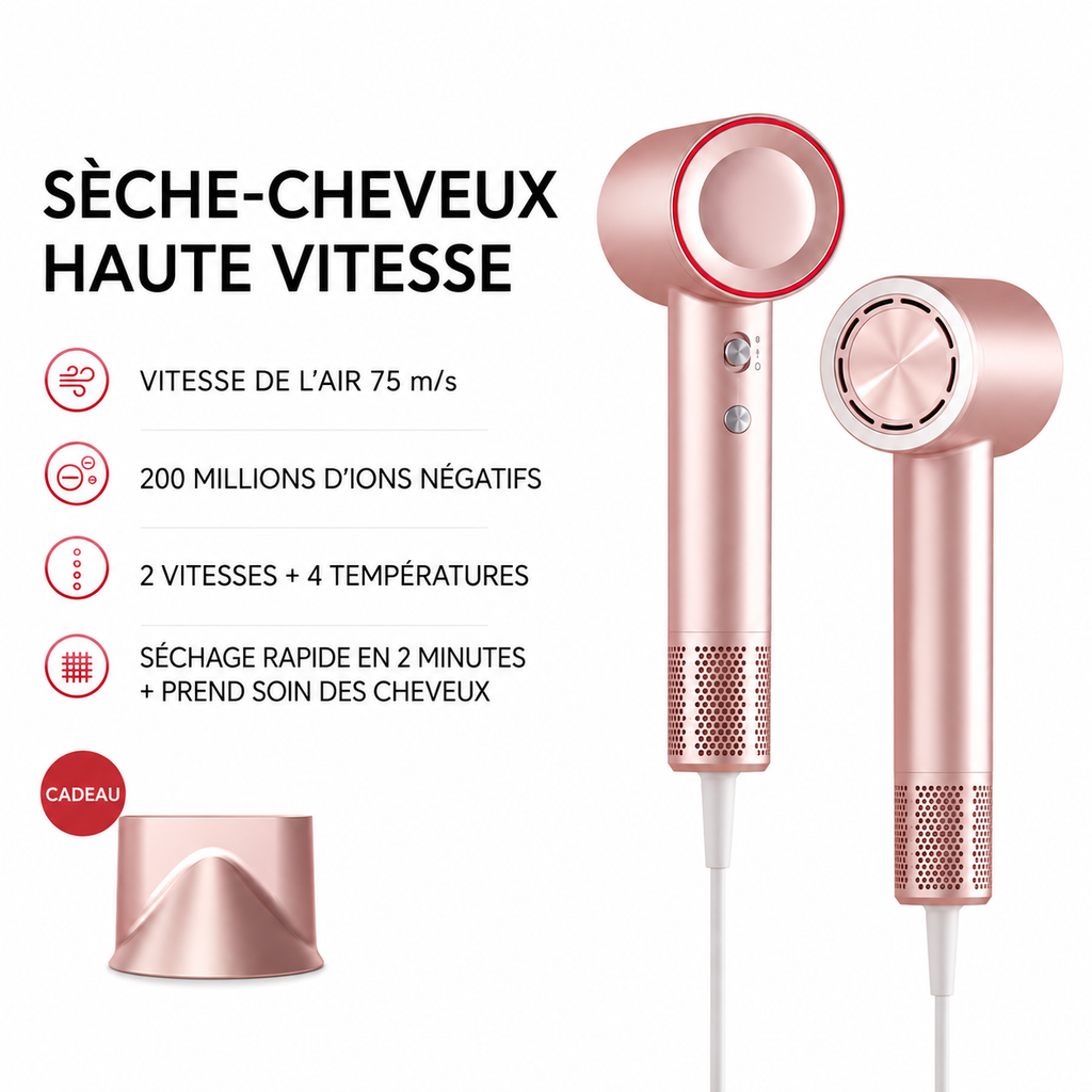 Sèche-cheveux ionique professionnel 75 m/s – 110 000 tr/min – 200 millions d'ions négatifs – Léger